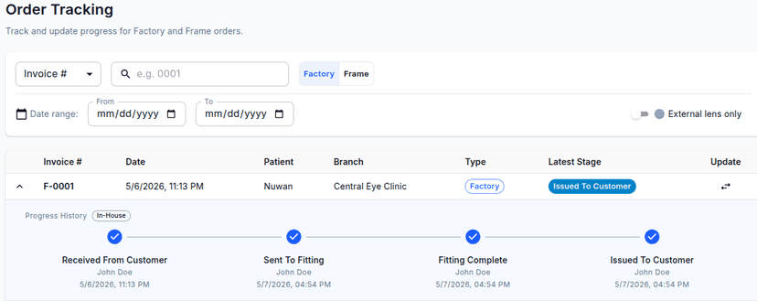 Order tracking — live progress stepper showing all 4 stages completed