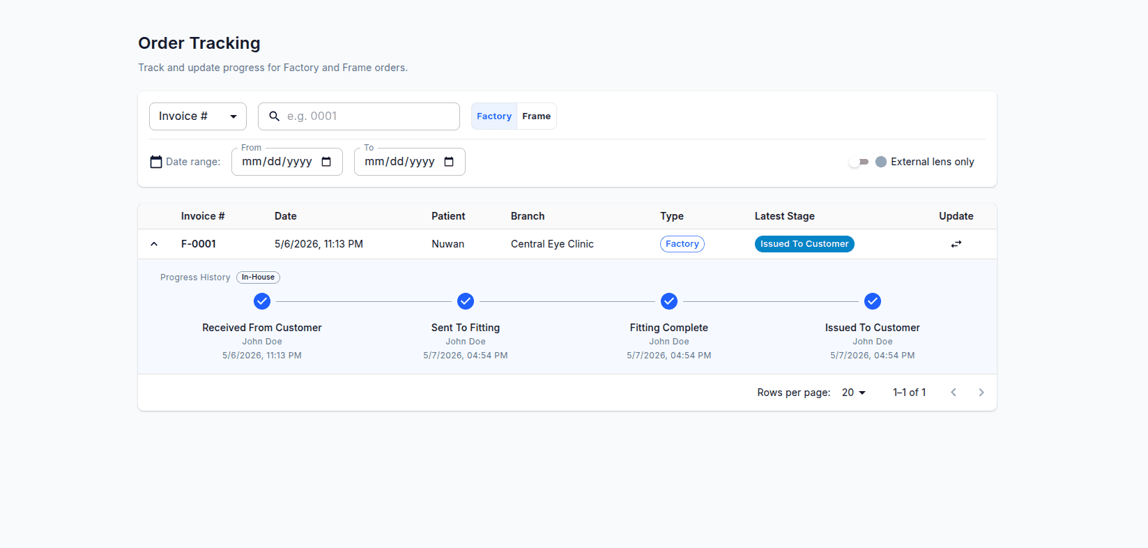 Order tracking page showing Factory order with progress stepper and all stages